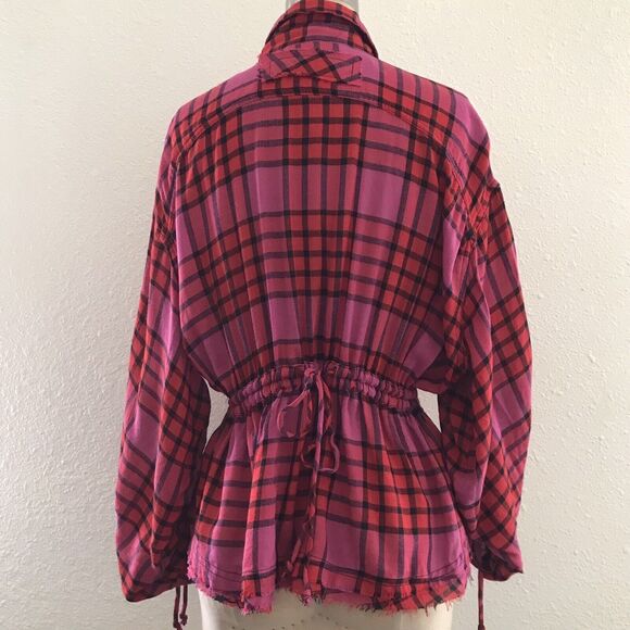 We The Free People Pink Plaid Frayed Cropped Long Sleeve Top Shirt - XS - Picture 4 of 9